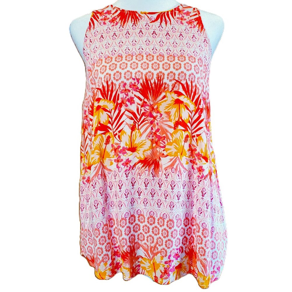 Old Navy Orange Yellow Tropical Floral Tunic Tank Top Womens Size Small Hawaiian